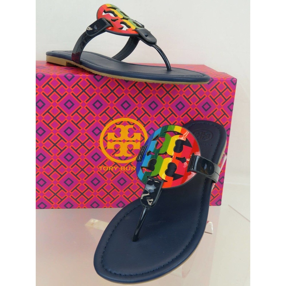 TORY BURCH MILLER ROYAL NAVY RAINBOW REVA LEATHER FLATS THONG SLIDES SANDALS 7 - Picture 2 of 12